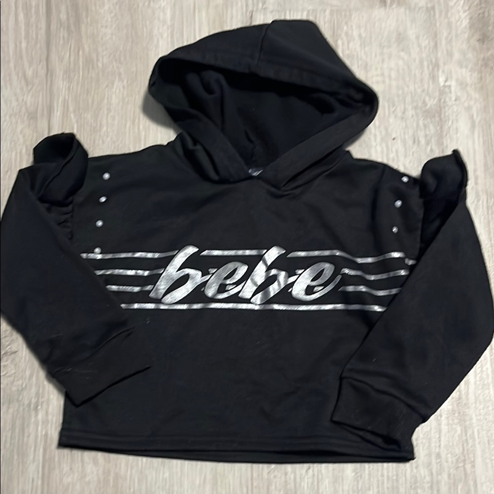 Bebe Black and Silver Graphic Hoodie Sweatshirt